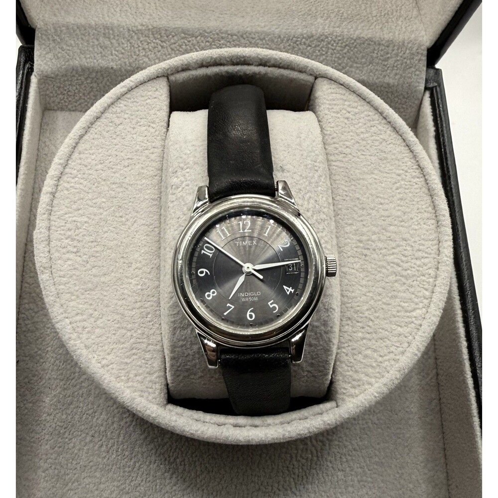 Timex Watch Women T29291 27mm Silver Tone Date Leather Band New Battery